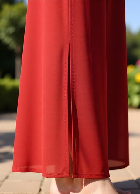 { "alt_text": "Red georgette women's palazzo pants, solid high-rise wide leg flared palazzo, ankle length elastic waist" }