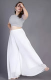 { "alt_text": "White georgette women's palazzo pants, solid high-rise wide leg flared palazzo, elastic waist ankle length" }