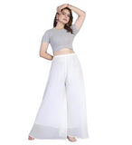 { "alt_text": "White georgette women's palazzo pants, solid high-rise wide leg flared pants, ankle length ethnic wear" }