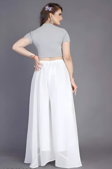 { "alt_text": "White georgette women's palazzo pants, solid high-rise wide leg flared pants, ankle length ethnic wear" }