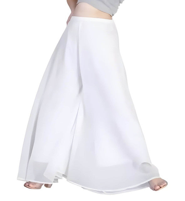 { "alt_text": "White georgette women's palazzo pants, solid high-rise wide leg flared pants, ankle length ethnic wear" }