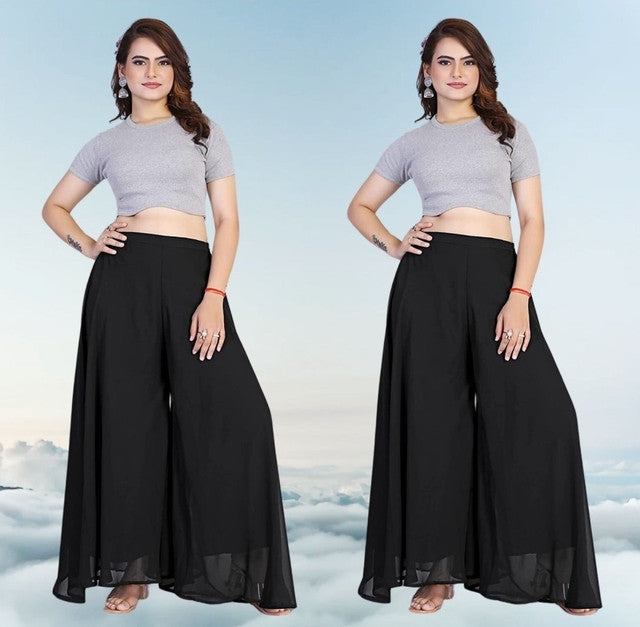 { "alt_text": "Black georgette women's palazzo pants, pack of 2 high-rise wide leg flared palazzos, solid ankle length" }