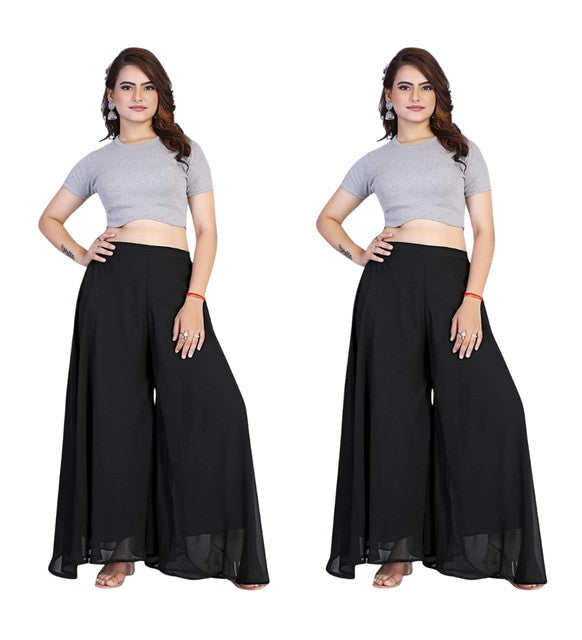 { "alt_text": "Black georgette women's palazzo pants, pack of 2 high-rise wide leg flared palazzos, solid ankle length" }