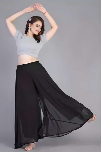 { "alt_text": "Black georgette women's palazzo pants, pack of 2 high-rise wide leg flared palazzos, solid ankle length" }