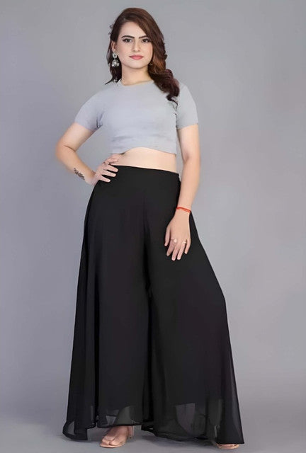 { "alt_text": "Black georgette women's palazzo pants, pack of 2 high-rise wide leg flared palazzos, solid ankle length" }