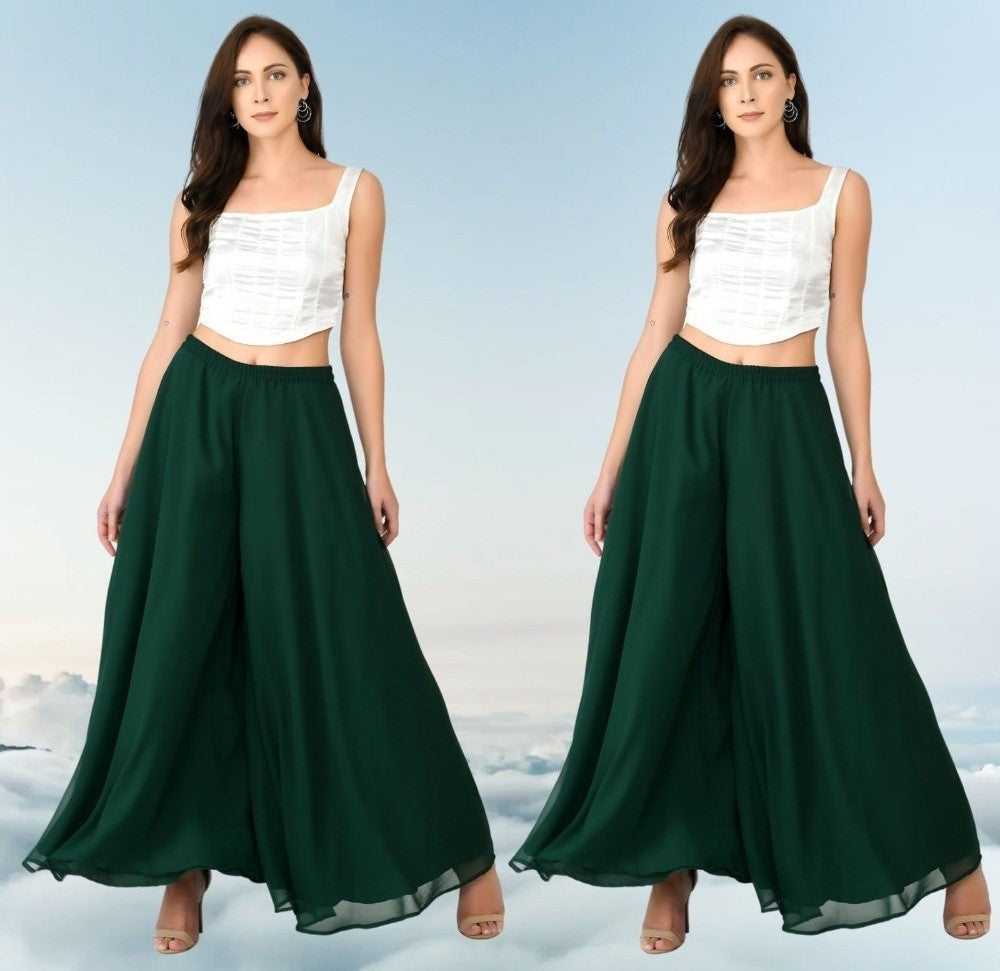 { "alt_text": "Bottle green georgette women's palazzo pants, pack of 2 high-rise wide leg flared pants, solid ankle length" }