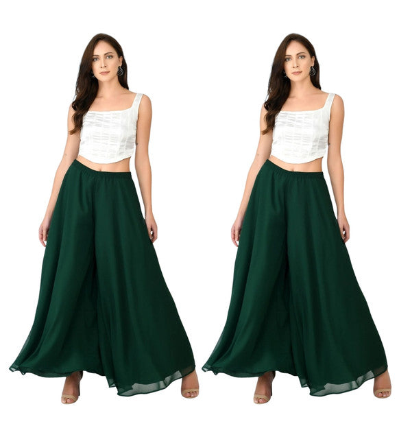 { "alt_text": "Bottle green georgette women's palazzo pants, pack of 2 high-rise wide leg flared pants, solid ankle length" }