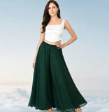 { "alt_text": "Bottle green georgette women's palazzo pants, pack of 2 high-rise wide leg flared pants, solid ankle length" }