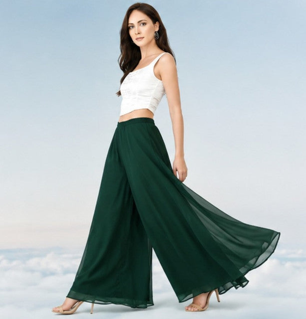 { "alt_text": "Bottle green georgette women's palazzo pants, pack of 2 high-rise wide leg flared palazzos, solid ankle length" }