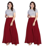 { "alt_text": "Maroon georgette women's palazzo pants, pack of 2 solid high-rise wide leg flared pants, ankle length" }