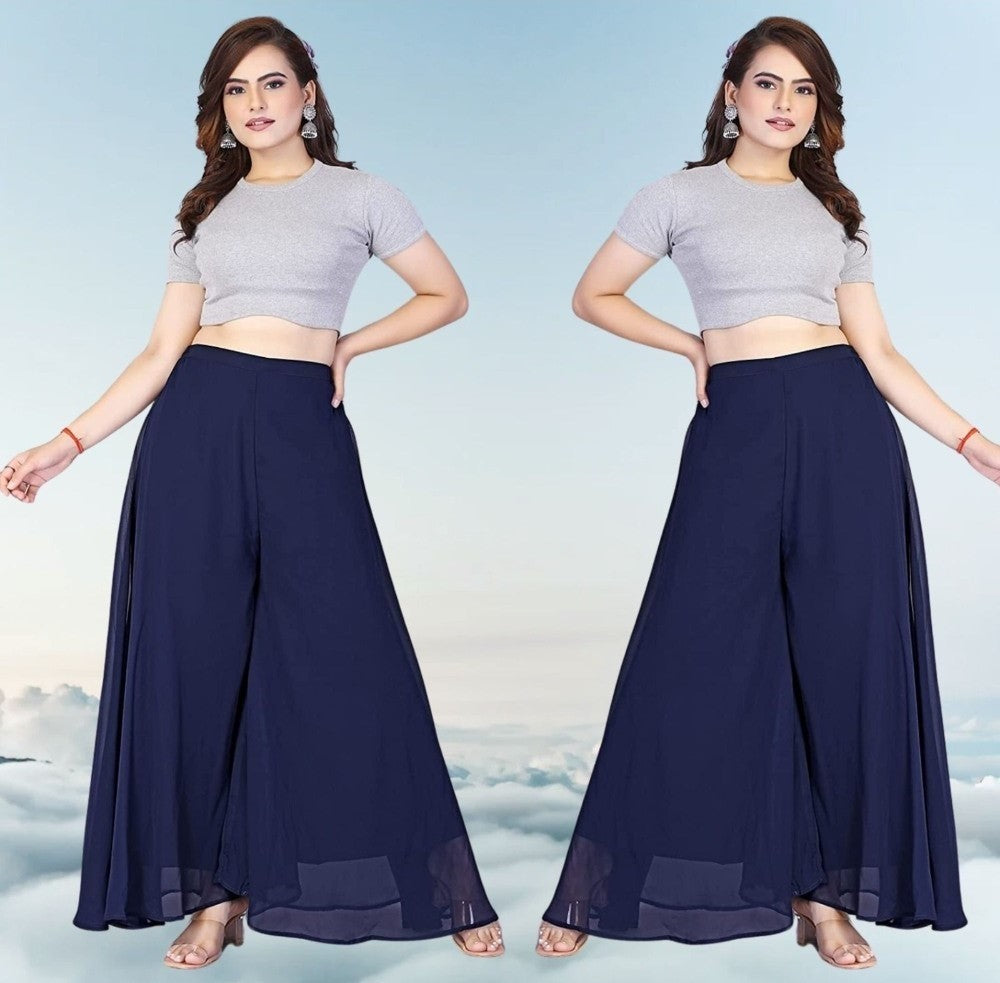 { "alt_text": "Navy blue georgette women's palazzo pants, pack of 2 high-rise wide leg flared pants, solid ankle length" }