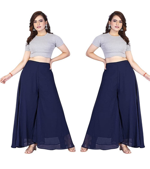 { "alt_text": "Navy blue georgette women's palazzo pants, pack of 2 high-rise wide leg flared pants, solid ankle length" }