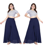 { "alt_text": "Navy blue georgette women's palazzo pants, pack of 2 high-rise wide leg flared pants, solid ankle length" }