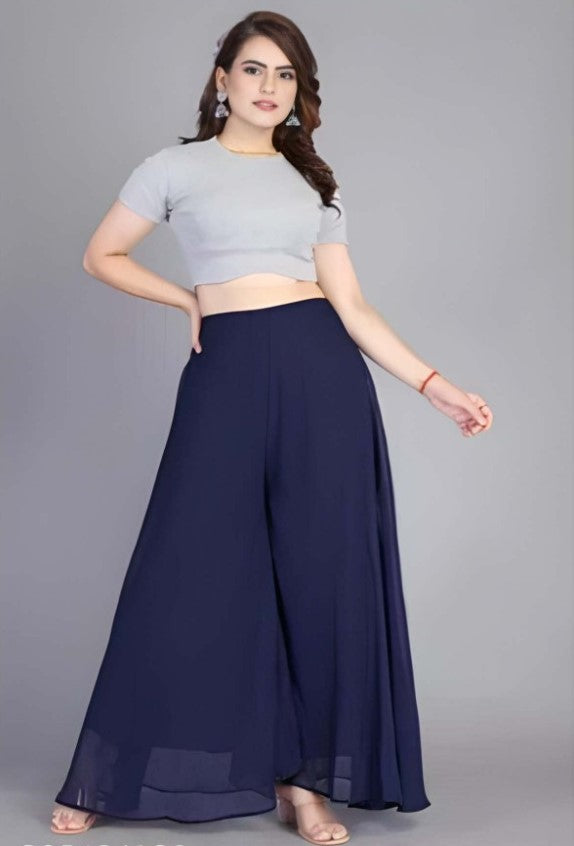{ "alt_text": "Navy blue georgette women's palazzo pants, pack of 2 high-rise wide leg flared pants, solid ankle length" }