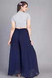 { "alt_text": "Navy blue georgette women's palazzo pants, pack of 2 high-rise wide leg flared pants, solid ankle length" }