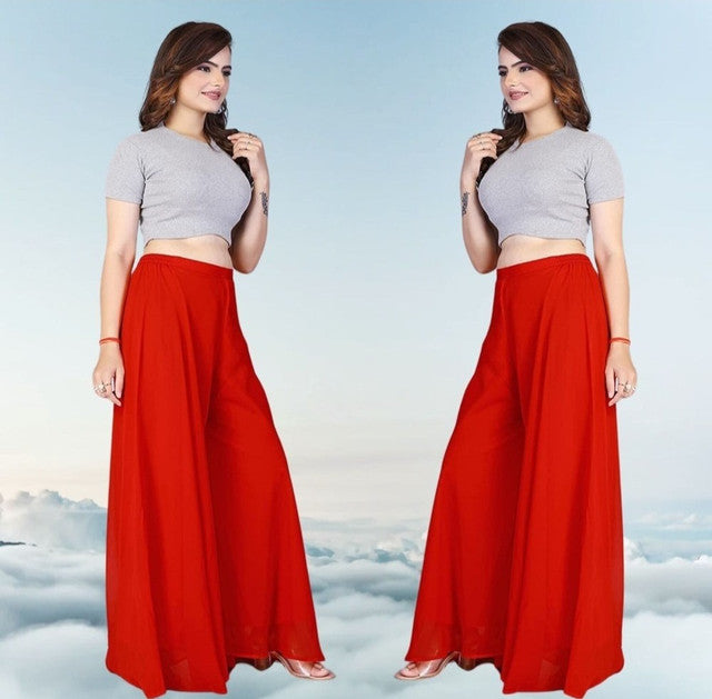 { "alt_text": "Red georgette women's palazzo pants, pack of 2 solid high-rise wide leg flared palazzos, ankle length" }