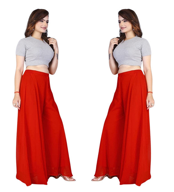 { "alt_text": "Red georgette women's palazzo pants, pack of 2 solid high-rise wide leg flared palazzos, ankle length" }