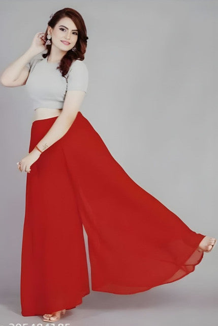 { "alt_text": "Red georgette women's palazzo pants, pack of 2 solid high-rise wide leg flared palazzos, ankle length" }