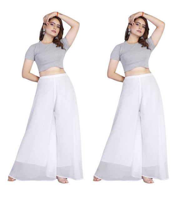 { "alt_text": "White georgette women's palazzo pants, pack of 2 high-rise wide leg flared pants, solid ankle length" }