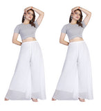 { "alt_text": "White georgette women's palazzo pants, pack of 2 high-rise wide leg flared pants, solid ankle length" }