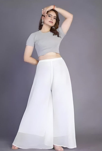 { "alt_text": "White georgette women's palazzo pants, pack of 2 high-rise wide leg flared pants, solid ankle length" }