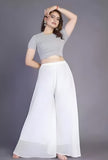 { "alt_text": "White georgette women's palazzo pants, pack of 2 high-rise wide leg flared pants, solid ankle length" }