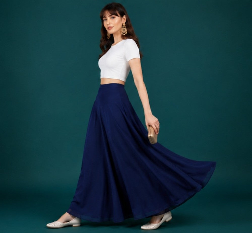 { "alt_text": "Navy blue georgette women's palazzo pants, solid mid-rise wide leg flared pants, ankle length ethnic wear" }