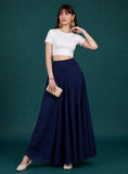 { "alt_text": "Navy blue georgette women's palazzo pants, solid mid-rise wide leg flared pants, ankle length ethnic wear" }