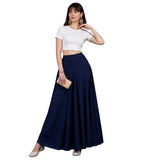 { "alt_text": "Navy blue georgette women's palazzo pants, solid mid-rise wide leg flared pants, ankle length ethnic wear" }