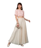 { "alt_text": "Cream georgette women's palazzo pants, solid mid-rise wide leg flared pants, comfortable elastic waist clothing" }