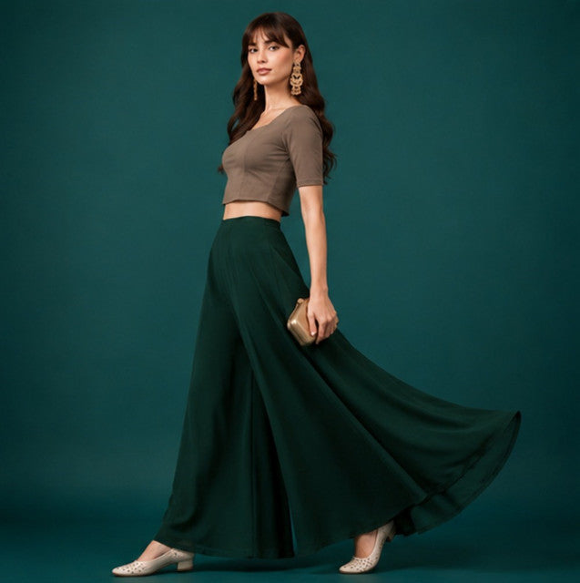 { "alt_text": "Bottle green georgette women's palazzo pants, solid wide leg flared pants, mid-rise ankle length clothing" }