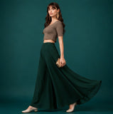 { "alt_text": "Bottle green georgette women's palazzo pants, solid wide leg flared pants, mid-rise ankle length clothing" }