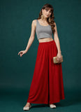 { "alt_text": "Red georgette women's palazzo pants, solid wide leg flared pants, mid-rise elastic waist ankle length" }