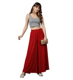 { "alt_text": "Red georgette women's palazzo pants, solid mid-rise wide leg flared pants, ankle length ethnic wear" }