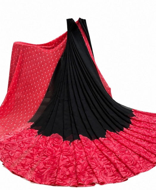 { "alt_text": "Black-Dark Pink georgette printed saree with unstitched blouse, 5.5Mtr ethnic wear, Indian fashion" }
