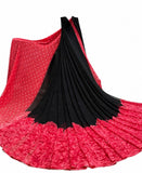{ "alt_text": "Black-Dark Pink georgette printed saree with unstitched blouse, 5.5Mtr ethnic wear, Indian fashion" }