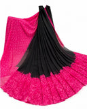 { "alt_text": "Black-pink georgette printed saree with unstitched blouse, 5.5m, ethnic wear, Indian fashion" }