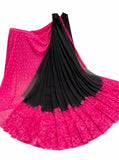 { "alt_text": "Black-pink georgette printed saree with unstitched blouse, 5.5m, ethnic wear, Indian fashion" }
