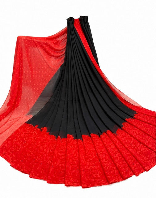 { "alt_text": "Black-red georgette printed saree with unstitched blouse, 5.5m, ethnic wear, Indian fashion" }