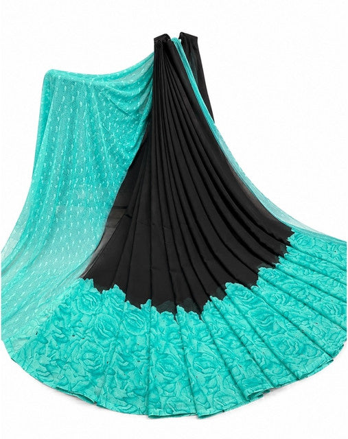 { "alt_text": "Black-turquoise georgette printed saree with unstitched blouse, 5.5m, ethnic wear fashion" }