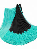 { "alt_text": "Black-turquoise georgette printed saree with unstitched blouse, 5.5m, ethnic wear fashion" }