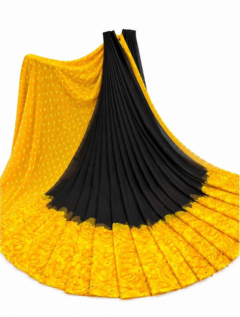 { "alt_text": "Black-yellow georgette printed saree with unstitched blouse, 5.5m, ethnic wear fashion" }