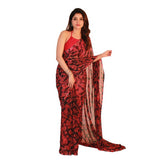 { "alt_text": "Black-red georgette printed saree with unstitched blouse, 5.5m, ethnic wear, Indian fashion" }