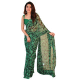 { "alt_text": "Black-green georgette printed saree with unstitched blouse, 5.5m, ethnic wear, Indian fashion" }
