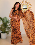{ "alt_text": "Black-yellow georgette printed saree with unstitched blouse, 5.5m, ethnic wear fashion" }