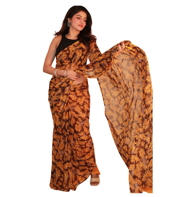 { "alt_text": "Black-yellow georgette printed saree with unstitched blouse, 5.5m, ethnic wear fashion" }