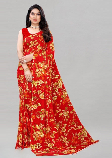 { "alt_text": "Red georgette saree with floral print, 5.5Mtr women's ethnic wear, unstitched blouse for festive occasion" }