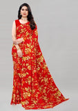 { "alt_text": "Red georgette saree with floral print, 5.5Mtr women's ethnic wear, unstitched blouse for festive occasion" }