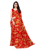 { "alt_text": "Red georgette saree with floral print, 5.5Mtr women's ethnic wear, unstitched blouse for festive occasion" }
