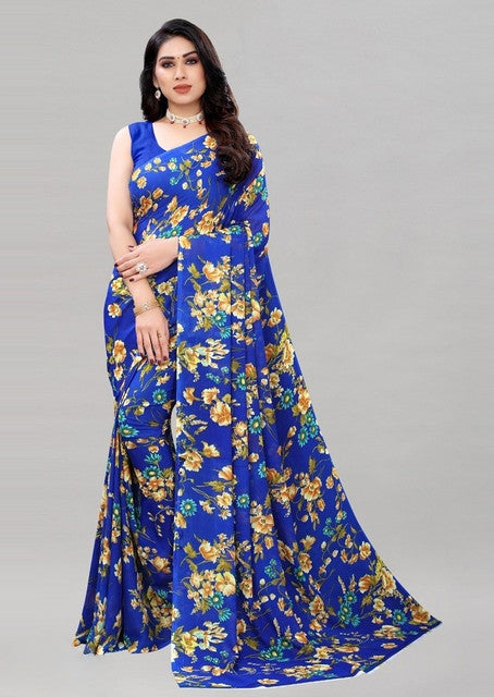 { "alt_text": "Royal Blue georgette saree with floral print, 5.5Mtr women's ethnic wear, unstitched blouse" }